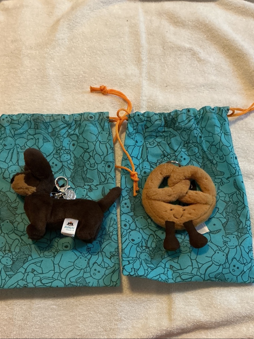 Jelly cat Plush Pretzel & Dachshund Keychain Set in Teal and Brown